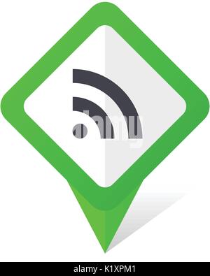 Rss green square pointer vector icon in eps 10 on white background with shadow. Stock Vector