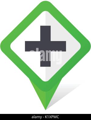 Plus green square pointer vector icon in eps 10 on white background with shadow. Stock Vector