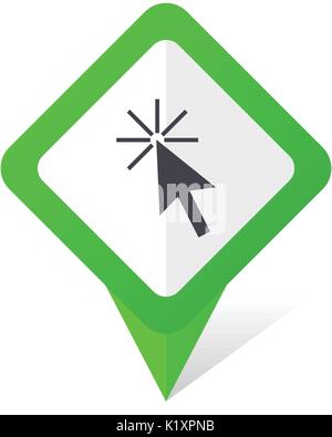 Click here green square pointer vector icon in eps 10 on white background with shadow. Stock Vector