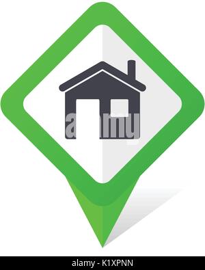 House green square pointer vector icon in eps 10 on white background with shadow. Stock Vector