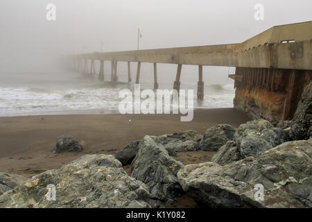 Pacifica Municipal Pier in Fog. Stock Photo