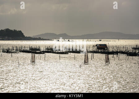 Sun shine through cloud to the hut and fish trap by local knowledge in the Songkhla Lake, Thailand. Stock Photo