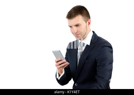 Man using smart phone isolated on white background Stock Photo