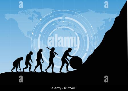 Human evolution into the present digital world. Business risk concept! Silhouette of human evolution in a negative way. Stock Vector