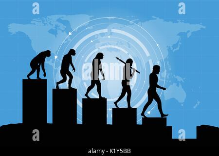 Human evolution into the present digital world. Business risk concept! Silhouette of human evolution in a negative way. Stock Vector