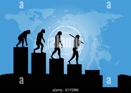 Human evolution into the present digital world. Business risk concept! Silhouette of human evolution in a negative way. Stock Vector
