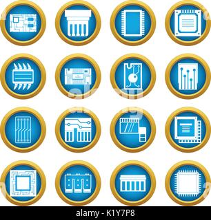 Computer chips icons blue circle set Stock Vector