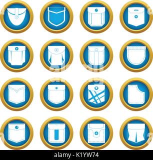 Pocket types icons blue circle set Stock Vector
