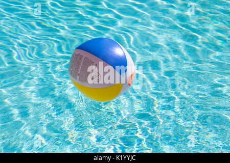 Colored  beachballs floating in a beautiful crystal clear  blue swimming pool on a hot summers day Stock Photo