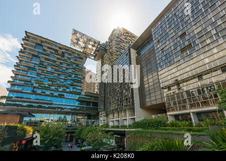 Ecological buildings facade with green plants and flowers on the stone ...
