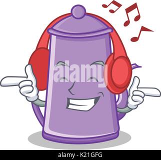 Listening music purple teapot character cartoon Stock Vector