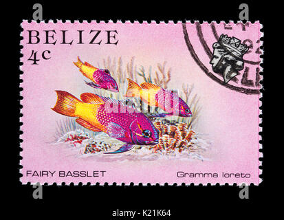 Postage stamp from Belize depicting a fairy basslet (Gramma loreto) Stock Photo