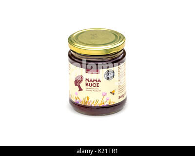 A jar of MAMA BUCI Zambian Honey made by wild African Killer Bees sold in specialised outlets in UK Stock Photo