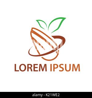 outlines of almond with a leaf, natural design, natural almond logo, symbol design, isolated on white background. Stock Vector