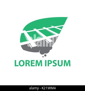 railway within a leaf with a smokes, train pollution logo, symbol design, isolated on white background. Stock Vector