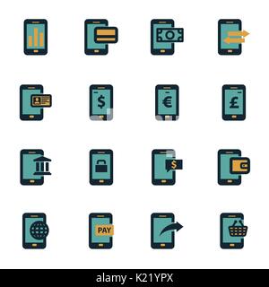 Vector flat mobile banking icons set on white background Stock Vector