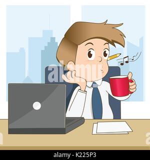 Happy businessman whistling and drink coffee in office - vector illustration Stock Vector