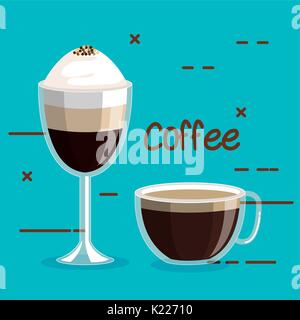 two glass coffee cups foam cinnamon drink on a blue background Stock Vector