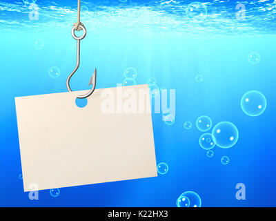 The underwater scene with empty sheet of a paper, hanging on a fishing hook and blue water with bubbles. 3d render Stock Photo