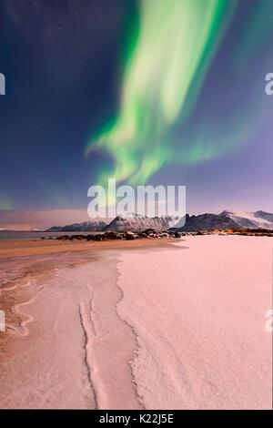 Lofoten Islands,Norway Geometries and lines created from the aurora borealis Norwegian and snow in the foreground January 2015 Stock Photo