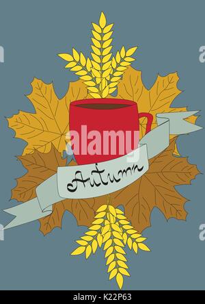 autumn leaves and tea composition on a dark background Stock Vector