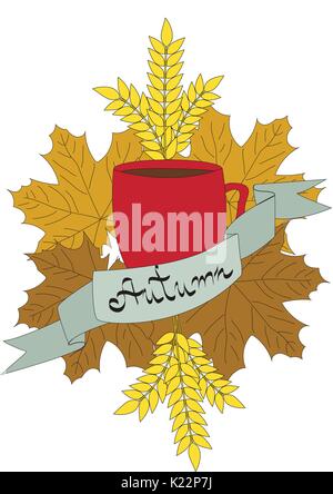 autumn leaves and tea composition on a light background Stock Vector