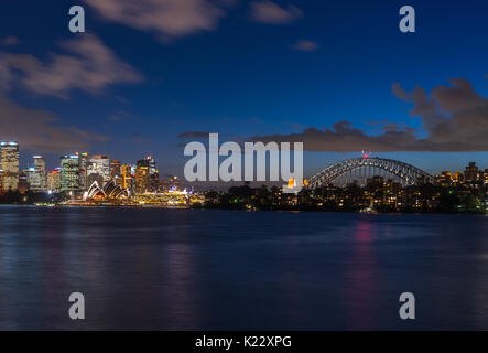 Panoramic views of Sydney harbour including Opera house, bridge and CBD, seen from Cremorne point on north shore, Sydney, New South Wales, Australia. Stock Photo