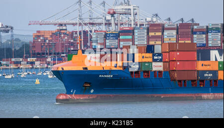 SOUTHAMPTON, UK - AUGUST 22, 2017: Ranger Container Ship leaving Southampton docks Stock Photo