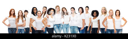 group of happy different women in white t-shirts Stock Photo