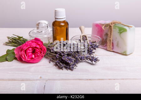 Beautiful spa composition with lavender on table Stock Photo