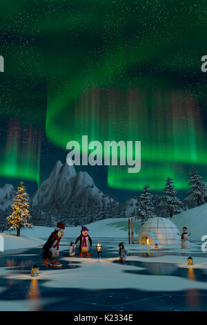 Penguins under the northern lights on a frozen lake in a snowy Christmas mountain landscape. A 3d render. Stock Photo