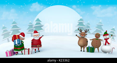 Santa Claus, a Christmas Elf, a reindeer, a snowman and Gingerbread Man pointing at a blank sign in a snowy winter landscape. Stock Photo