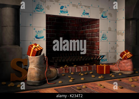 Gifts left in shoes by the fireplace, or 'schoen zetten' for the traditional Dutch holiday Sinterklaas. Stock Photo