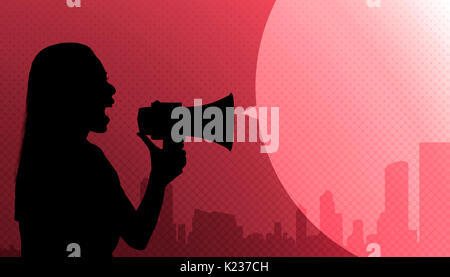 Silhouette of woman holding megaphone with empty copyspace area against red background Stock Photo