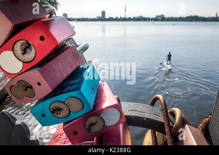 Lovers' locks on a bridge in Hamburg, Germany Stock Photo