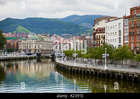 Nervion River and Arriaga Theater, Bilbao, Biscay, Basque Country, Euskadi, Spain, Europe Stock Photo