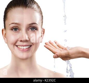 Woman's face before and after rejuvenation. Stock Photo