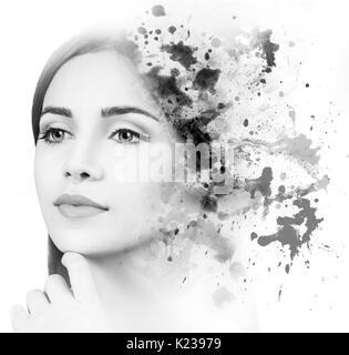 Double exposure of young woman and blots Stock Photo