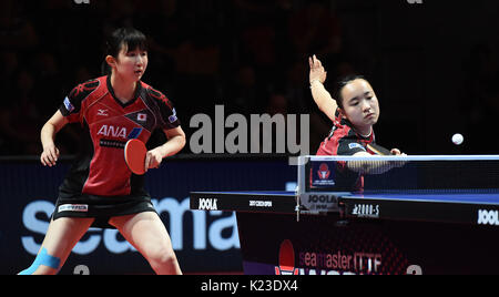 Olomouc, Czech Republic. 27th Aug, 2017. Hina Hayata, left, and Mima Ito, both from Japan, compete against Matilda Ekholm of Sweden and Georgina Pota of Hungary during their final match of the women's doubles at the Table Tennis World Tour Czech Open in Olomouc, Czech Republic, August 27, 2017. Credit: Ludek Perina/CTK Photo/Alamy Live News Stock Photo