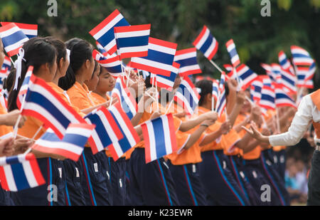 Isan, Thailand. 28th Aug, 2017. Thai government holds ceremony of 100th anniversary of current Thai's national flag. Thai students got involved in this ceremony to show their loyalty and salute to their nation. Credit: Pranee Sinayrurach/Alamy Live News Stock Photo