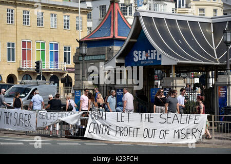 Brighton, UK. 28th Aug, 2017. UK Weather. An animal rights protest banner against the Sealife Centre as crowds flock to Brighton beach on Bank Holiday Monday to enjoy the beautiful hot sunny weather today as temperatures are expected to reach as high as 30 degrees in some parts of the south east which is a record for the late August Bank Holiday Credit: Simon Dack/Alamy Live News Stock Photo