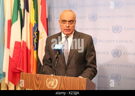 UN, New York, USA. 28th Aug, 2017. After North Korea missile launch over Japan, Egypt's Aboulatta as UN Security President told press no request for emergency meeting yet. He also spoke on Libya. Photo: Matthew Russell Lee/Inner City Press/Alamy Live News Stock Photo