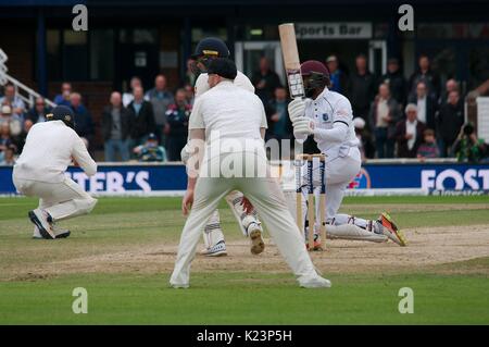 Leeds, UK. 29th Aug, 2017. Shai Hope, batting for the West Indies, hooks the ball for four against England on the last day of the second Investec Test Match at Headingley Cricket Ground. Credit: Colin Edwards/Alamy Live News Stock Photo