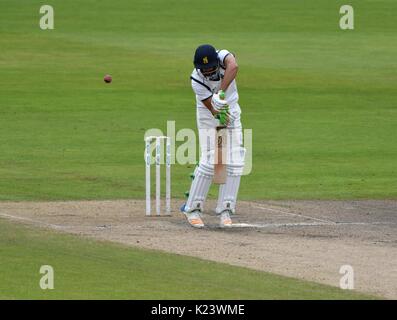 Manchester, UK. 30th Aug, 2017. Andrew Umeed is beaten during his innings of 19, as Warwickshire try to score over 300 to win their match in the County Championship at Emirates Old Trafford. Credit: John Fryer/Alamy Live News Stock Photo