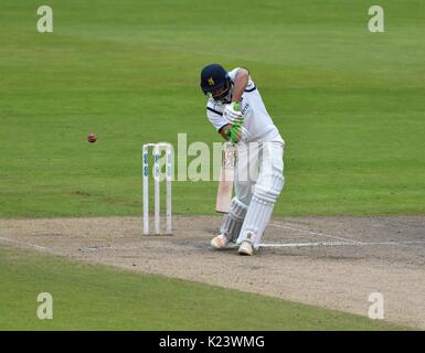 Manchester, UK. 30th Aug, 2017. Andrew Umeed is beaten during his innings of 19, as Warwickshire try to score over 300 to win their match in the County Championship at Emirates Old Trafford. Credit: John Fryer/Alamy Live News Stock Photo