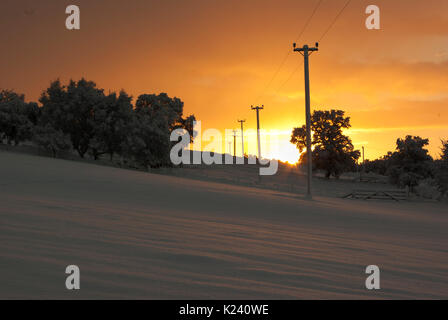 Rural countryside landscape in thick snow at sunset with telegraph poles, Rogart, Sutherland, Highlands, Scotland, UK Stock Photo