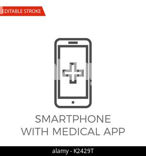 Smartphone with Medical App Thin Line Vector Icon. Flat Icon Isolated on the White Background. Editable Stroke EPS file. Vector illustration. Stock Vector