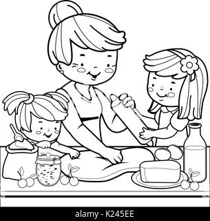 Grandmother and children cooking in the kitchen. Coloring book page Stock Vector