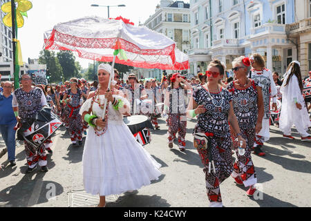 London, UK. 28th Aug, 2017. The Batala precussion band parade on day 2 of the Notting Hill street carnival which is expected to attract 1 million visitors over the Bank holiday weekend Credit: amer ghazzal/Alamy Live News Stock Photo