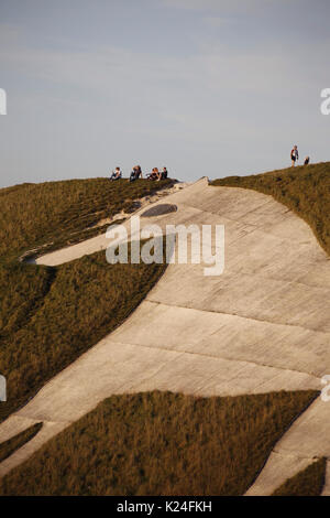 Westbury, Wiltshire, UK. 28th Aug, 2017. UK Weather. The hottest August bank holiday on record continues into the evening in Wiltshire. The giant landmark, Westbury White Horse attracts people to its ears to watch the setting sun across the county below. Credit: Wayne Farrell/ Alamy Live News. Stock Photo